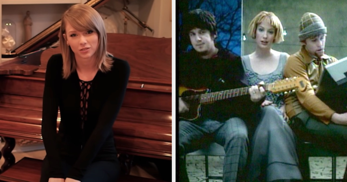 Taylor Swift sitting at her piano during her &quot;73 Questions&quot; interview; Sixpence None the Richer&#x27;s &quot;Kiss Me&quot; music video