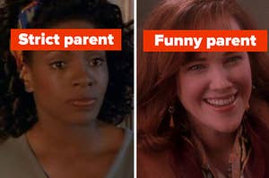 A mom from "Sister Act" is on the left labeled, "Strict parent" with a mom from "Home Alone" is on the right labeled, "Funny parent"