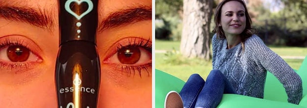 On the left, reviewer shows before-and-after eyelashes after using Essence mascara. On the right, model sets in green inflatable couch on grass