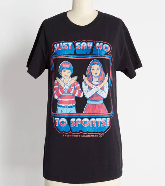 The t-shirt draped on a mannequin with a retro-style graphic that says just say no to sports.