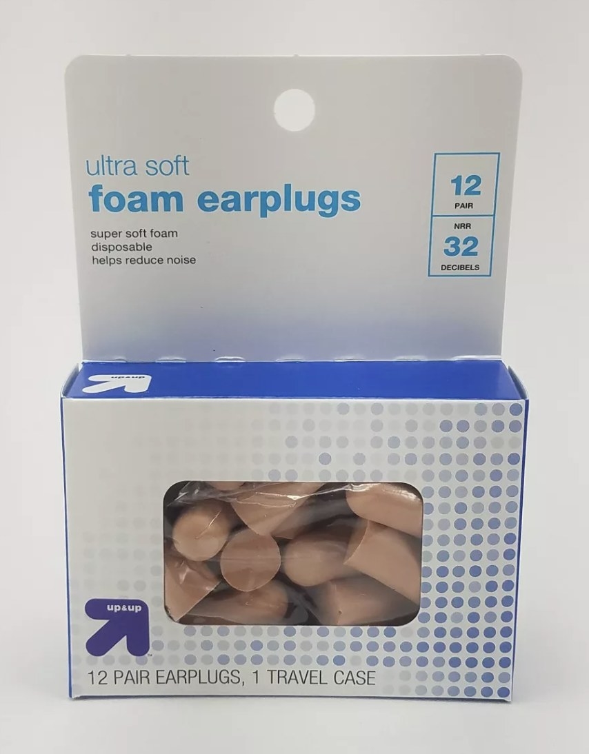 a blue and white box of beige foam ear plugs