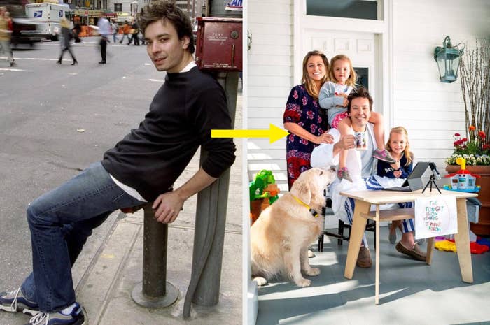 Side-by-side images of a young Jimmy Fallon and Jimmy Fallon present day with his family and dog. 