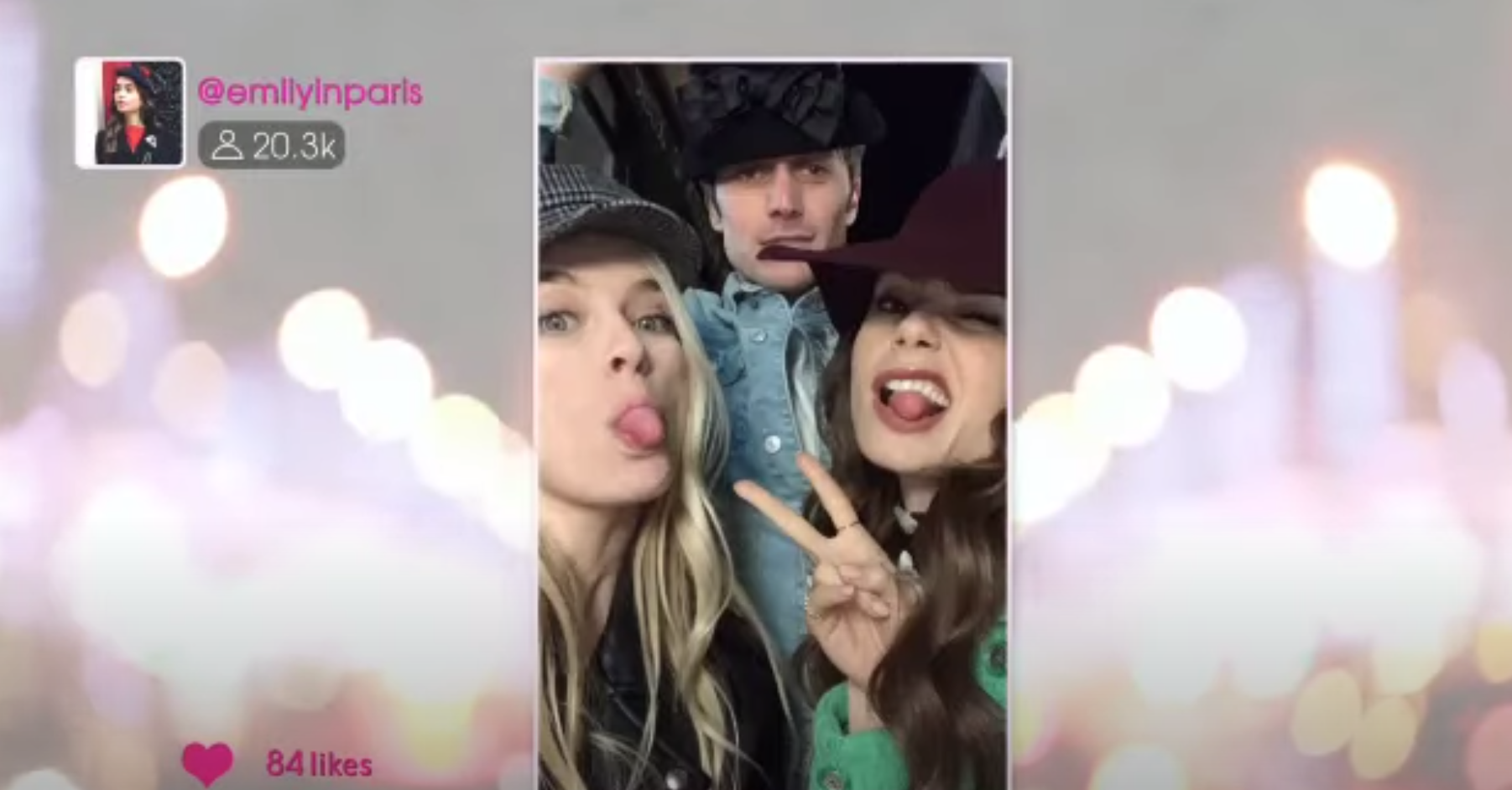 Emily, Camille, and Gabriel out together posing in hats for Emily&#x27;s instagram in &quot;Emily in Paris&quot;