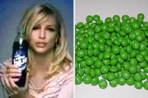britney spears holding a pepsi blue and green skittles