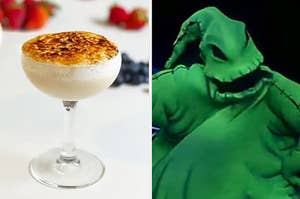 A cocktail glass filled with foamy liquid next to a monster with a stitched up mouth