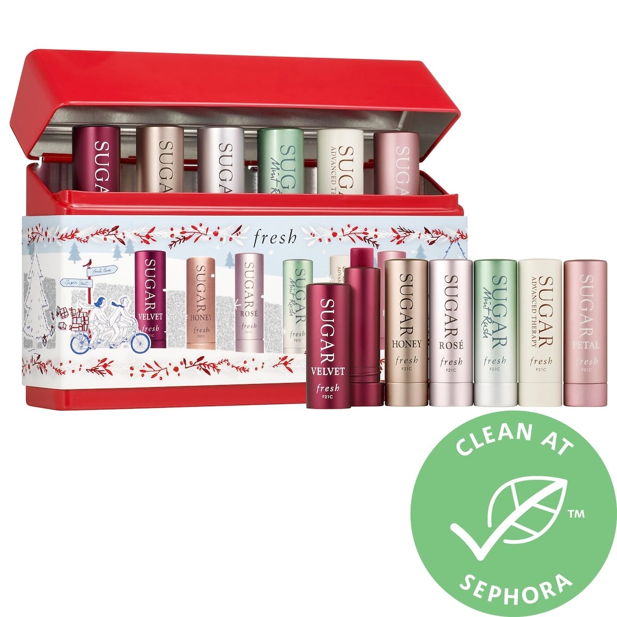 Six lip balm tins inside holiday-themed packaging. These products are formulated without sulfates (SLS and SLES), parabens, phthalates, and more