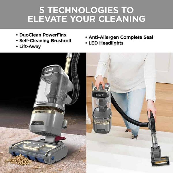 A product photo of the upright vacuum sucking up dirt and cheerios, on the right a model holding the vacuum after detaching it from the base and vacuuming the stairs