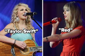 Taylor Swift during her debut era and the Red era
