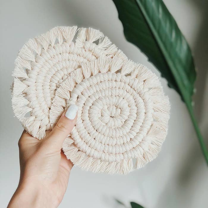 A person holding a pair of coasters in front of a plant