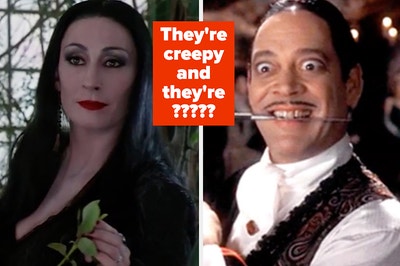 Anjelica Huston as Morticia Addams and  Raul Julia as Gomez Addams in the movie "The Addams Family."