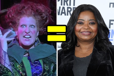 On the left, Bette Midler as Winnie Sanderson in "Hocus Pocus," an on the right, Octavia Spencer with an equal sign in between both of their faces