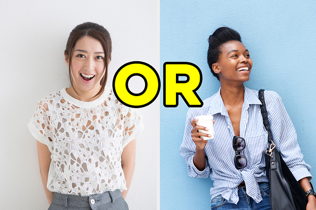On the left, someone wearings a cute lacy shirt and smiles, and on the right, someone holds a cup of coffee in one hand and has a bag slung over their shoulder and smiles with