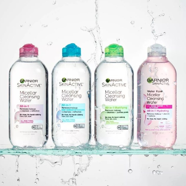Water dropping off Garnier&#x27;s Skin Active Micellar Cleansing Water