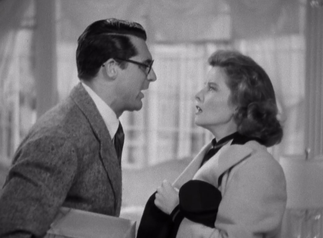 katharine hepburn and cary grant argue in &quot;bringing up baby&quot;