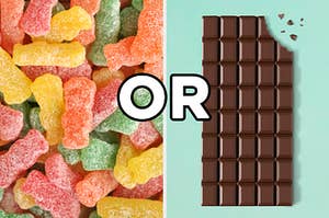 On the left, Sour Patch Kids, and on the right, a chocolate bar with a bite taken out of it, with "or" typed in between the two images