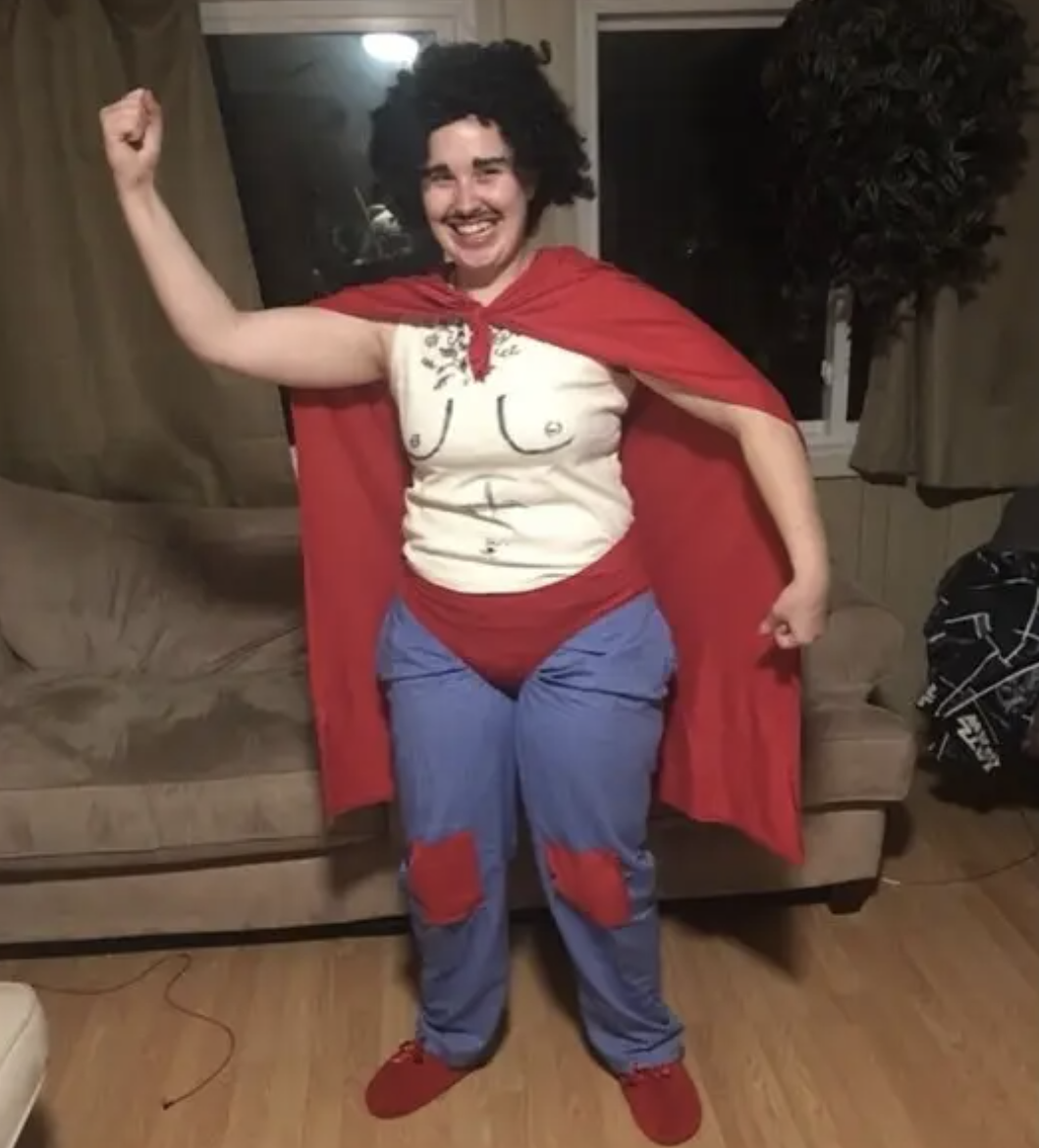 Someone using pajamas, old clothes, and a marker to create their &quot;Nacho Libre&quot; wrestling costume