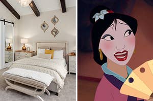On the left, a modern bedroom with a large bed with two nightstands on either side and a chandelier, and on the right, Mulan