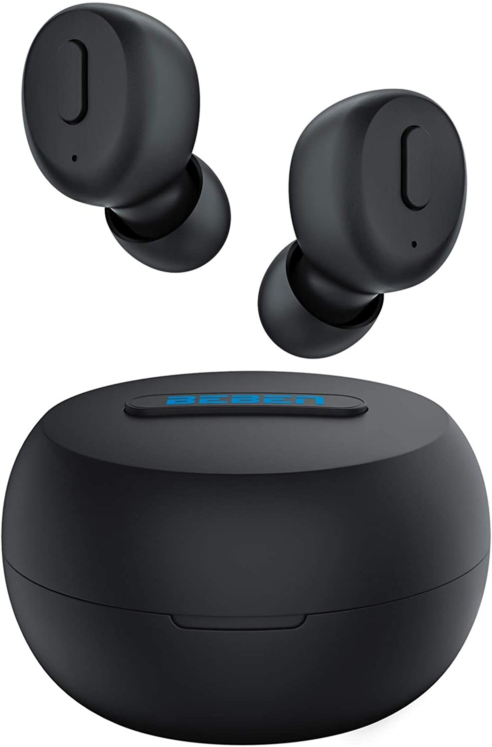 The wireless earbuds and charging case in black