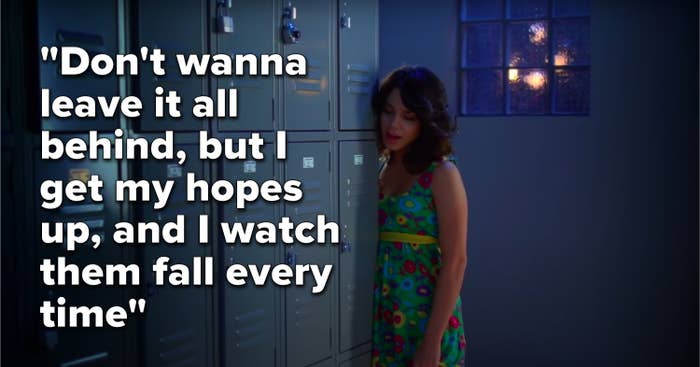 Gabriella singing, &quot;Don&#x27;t wanna leave it all behind, but I get my hopes up, and I watch them fall every time&quot;