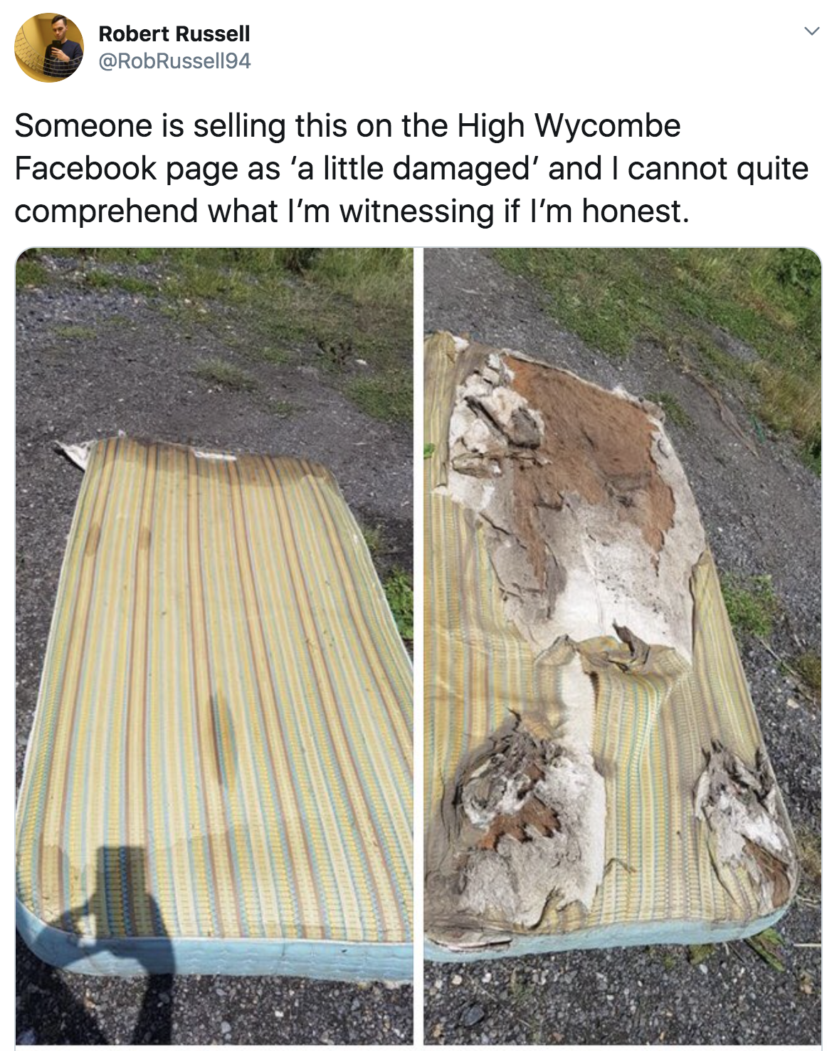 a bed with multiple stains missing many parts of it