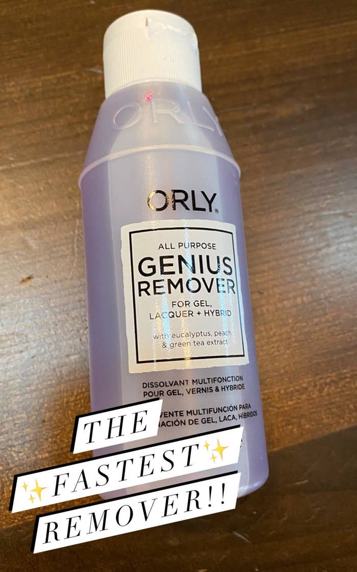 A bottle of the purple remover labeled &quot;Genius Remover for gel, laquer, + hybrid&quot; with Instagram Story text &quot;The *fastest* remover!!&quot;