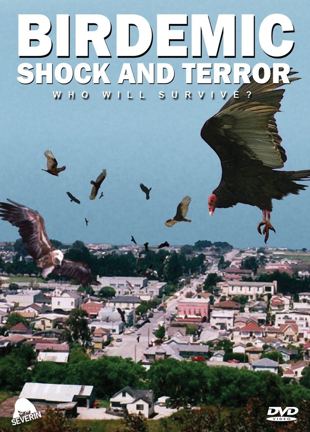 Cover of Birdemic Movie with birds flying over town.