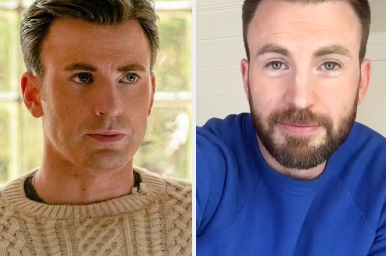 Chris Evans as Ransom in Knives Out and Chris Evans in real life