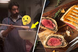 Owen from "Bly Manor" is on the left mixing something in a bowl, labeled with an arrow and think face emoji and Beef Wellington on the right