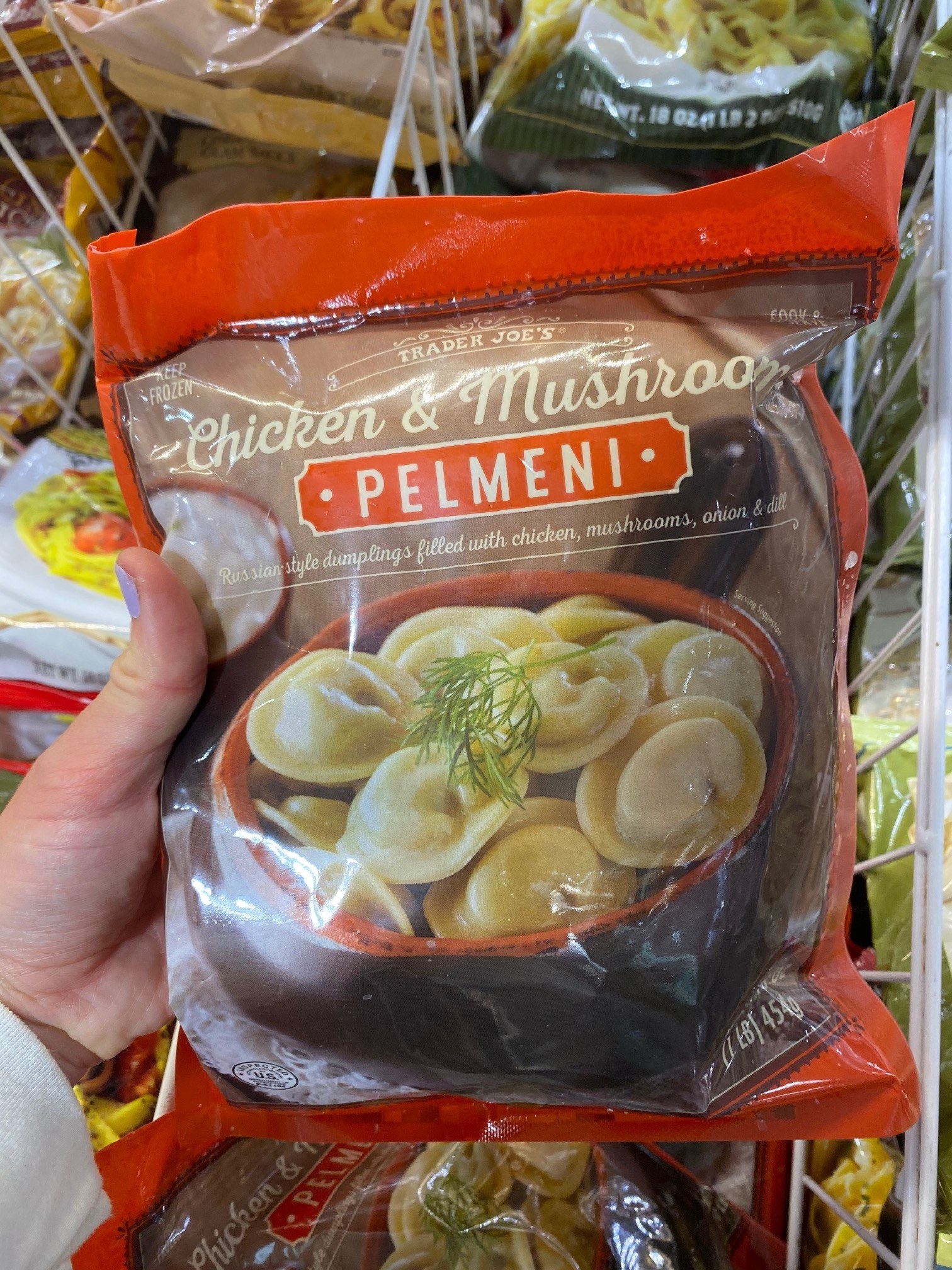 A bag of frozen chicken and mushroom pelmeni from Trader Joe&#x27;s.