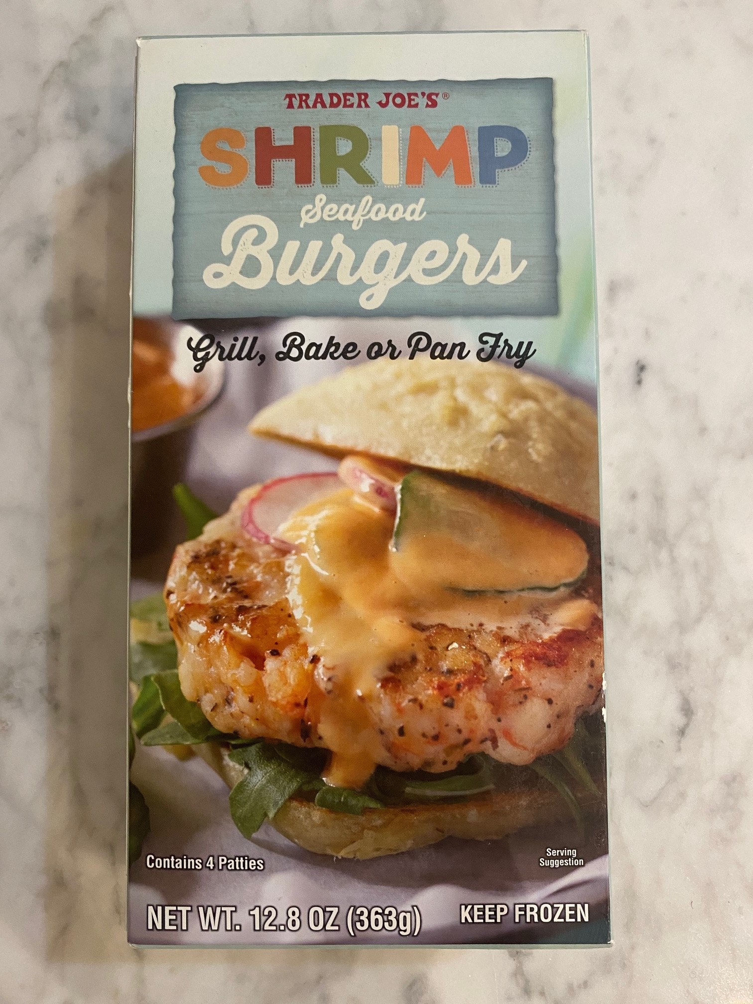 A box of Trader Joe&#x27;s shrimp burgers.
