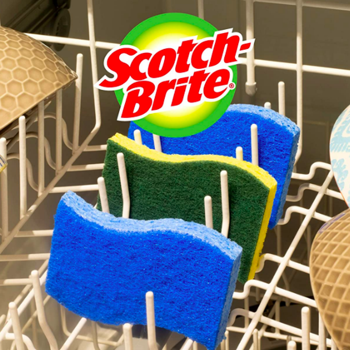 Three sponges in dishwasher with Scotch-Brite logo above them 