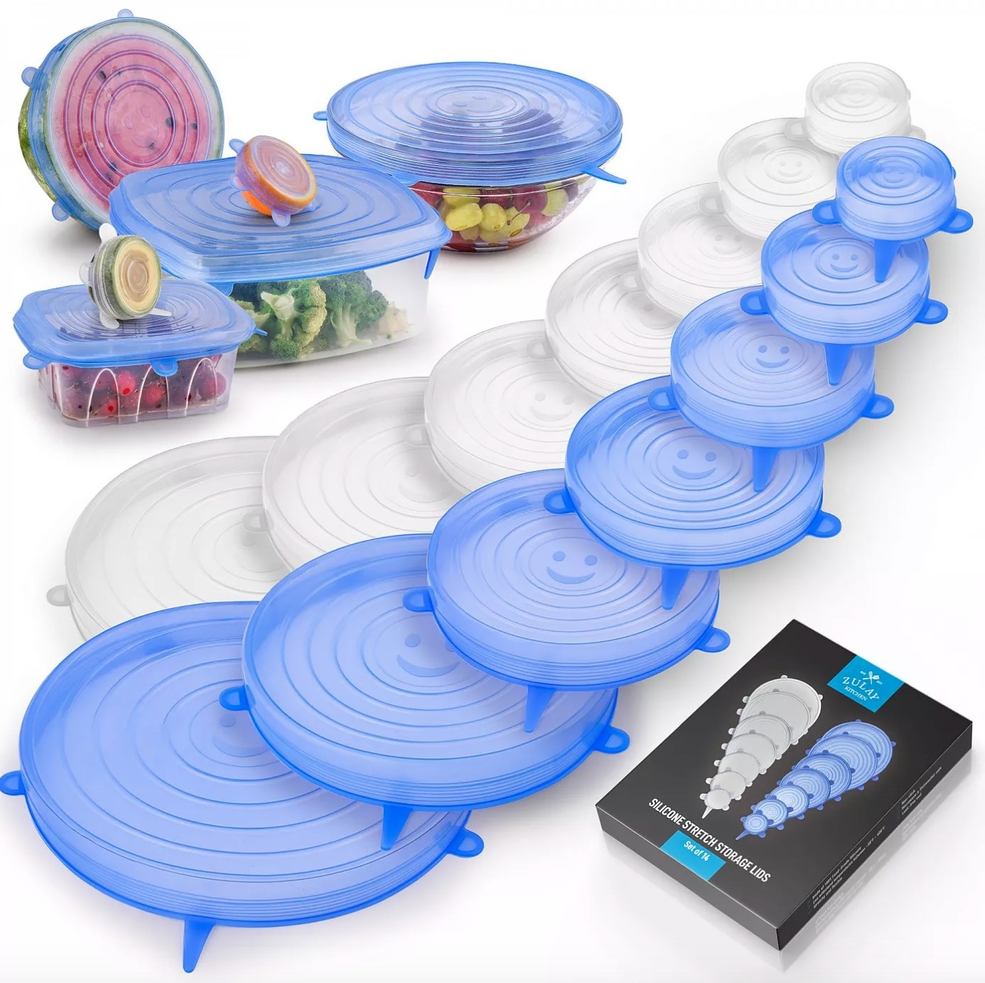 The set of 14 reusable silicone lids in blue and clear