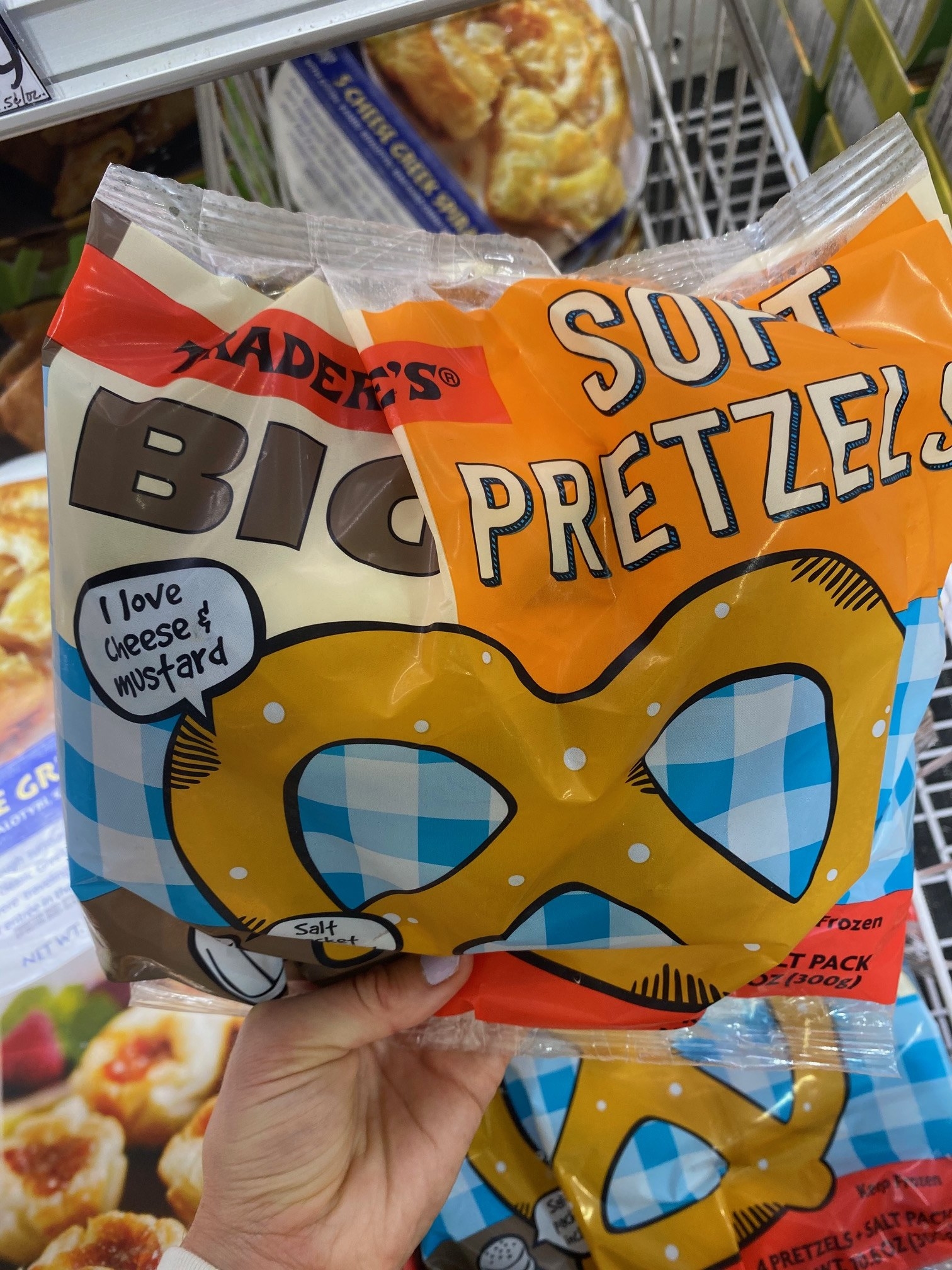 A bag of Trader Joe&#x27;s big soft pretzels.
