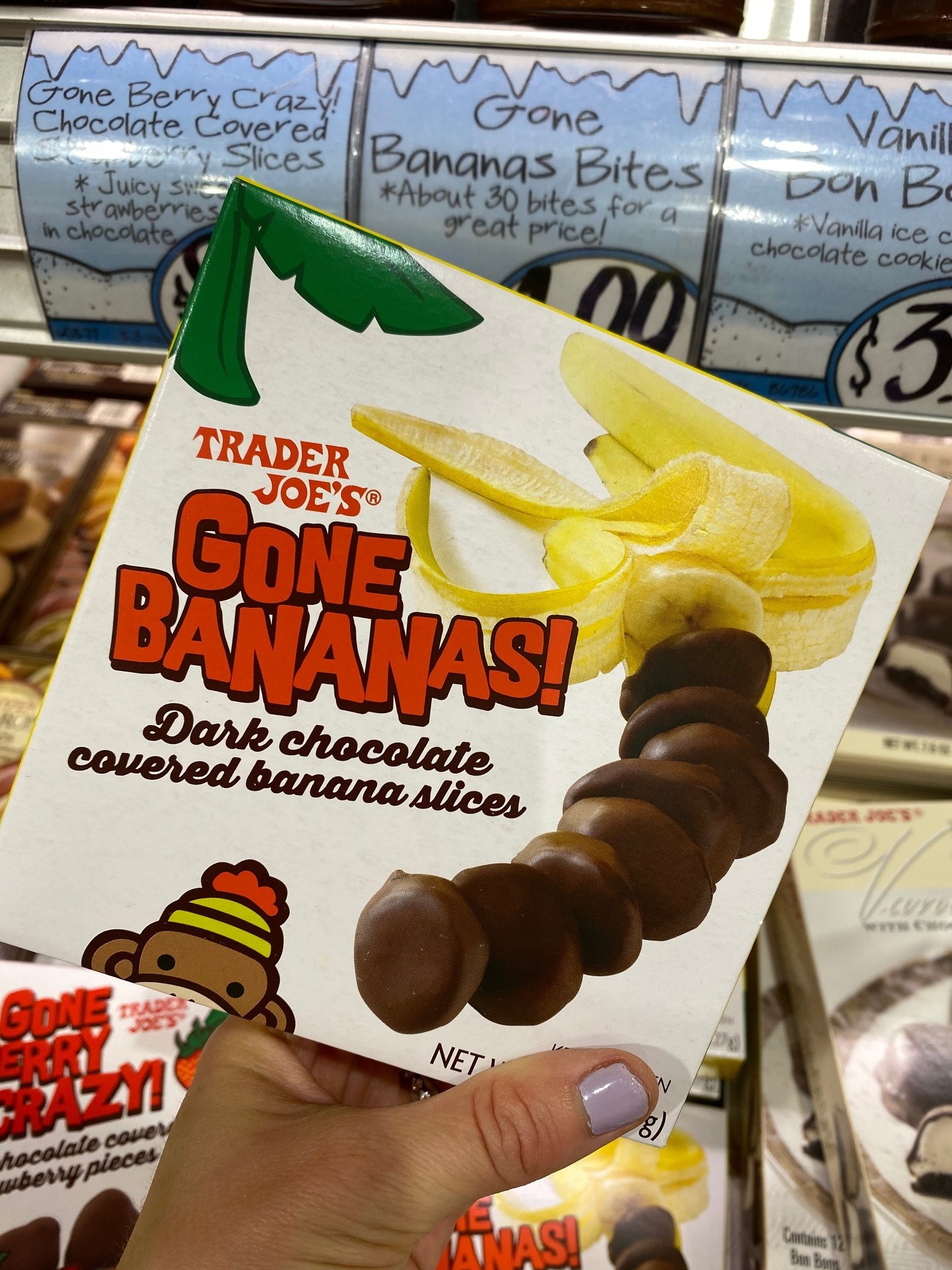 A box of frozen Gone Bananas from Trader Joe&#x27;s.