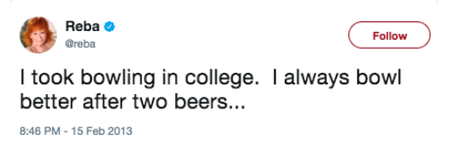 A Tweet saying she took bowling in college