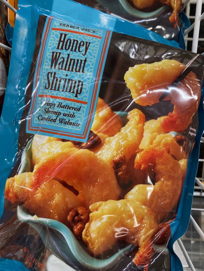 A bag of Trader Joe&#x27;s honey walnut shrimp.