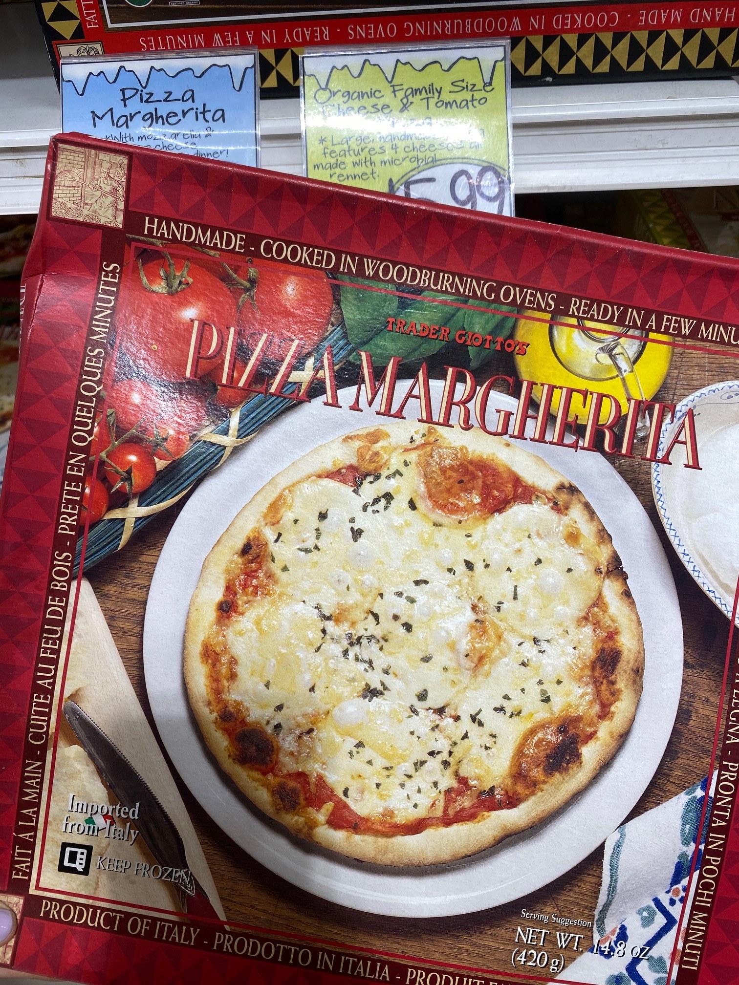 A box of frozen Margherita pizza from Trader Joe&#x27;s.