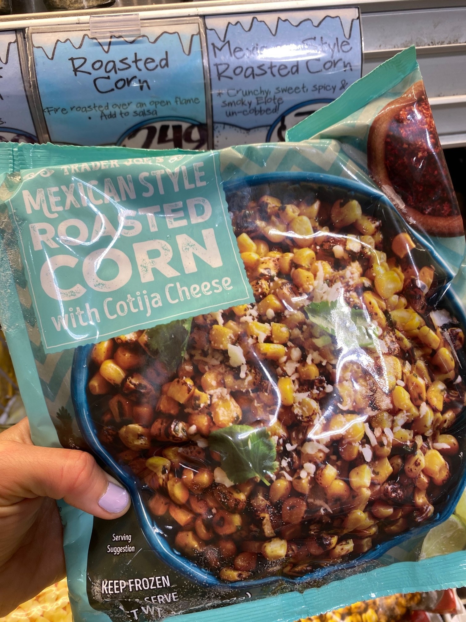 A bag of Mexican-style roasted corn with Cotija cheese from Trader Joe&#x27;s.