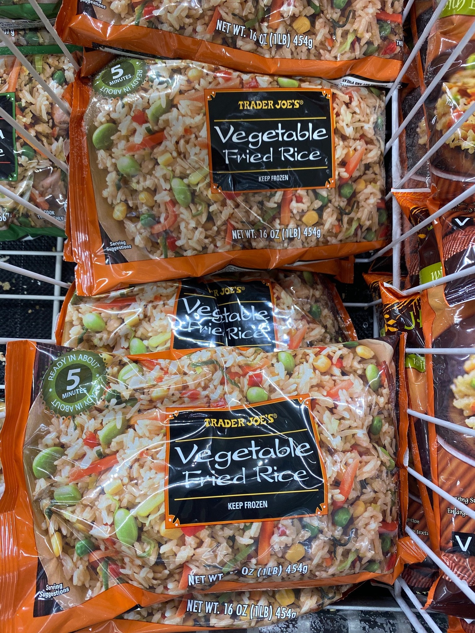 A bag of frozen vegetable fried rice from Trader Joe&#x27;s.