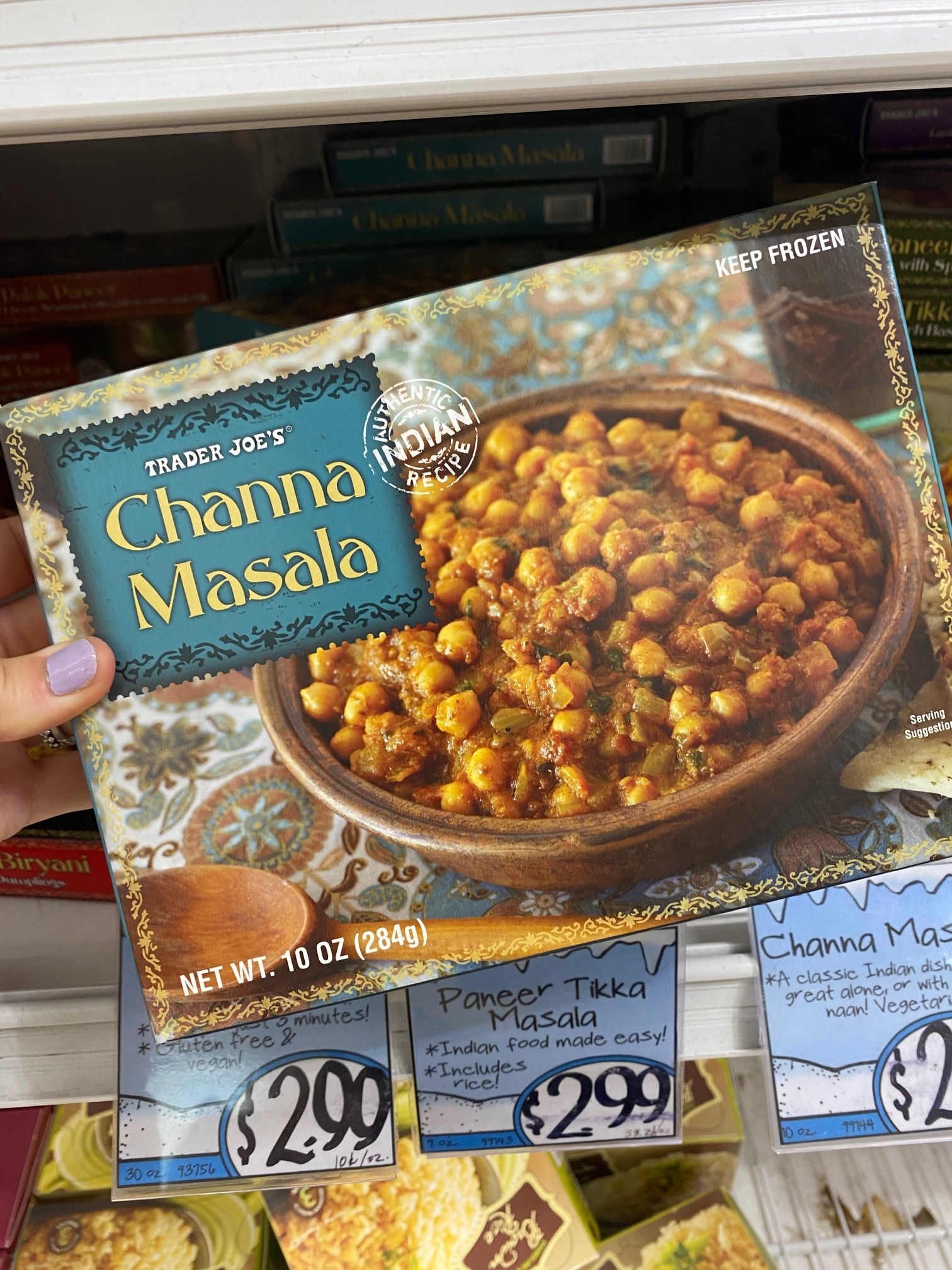 A box of Trader Joe&#x27;s channa masala.