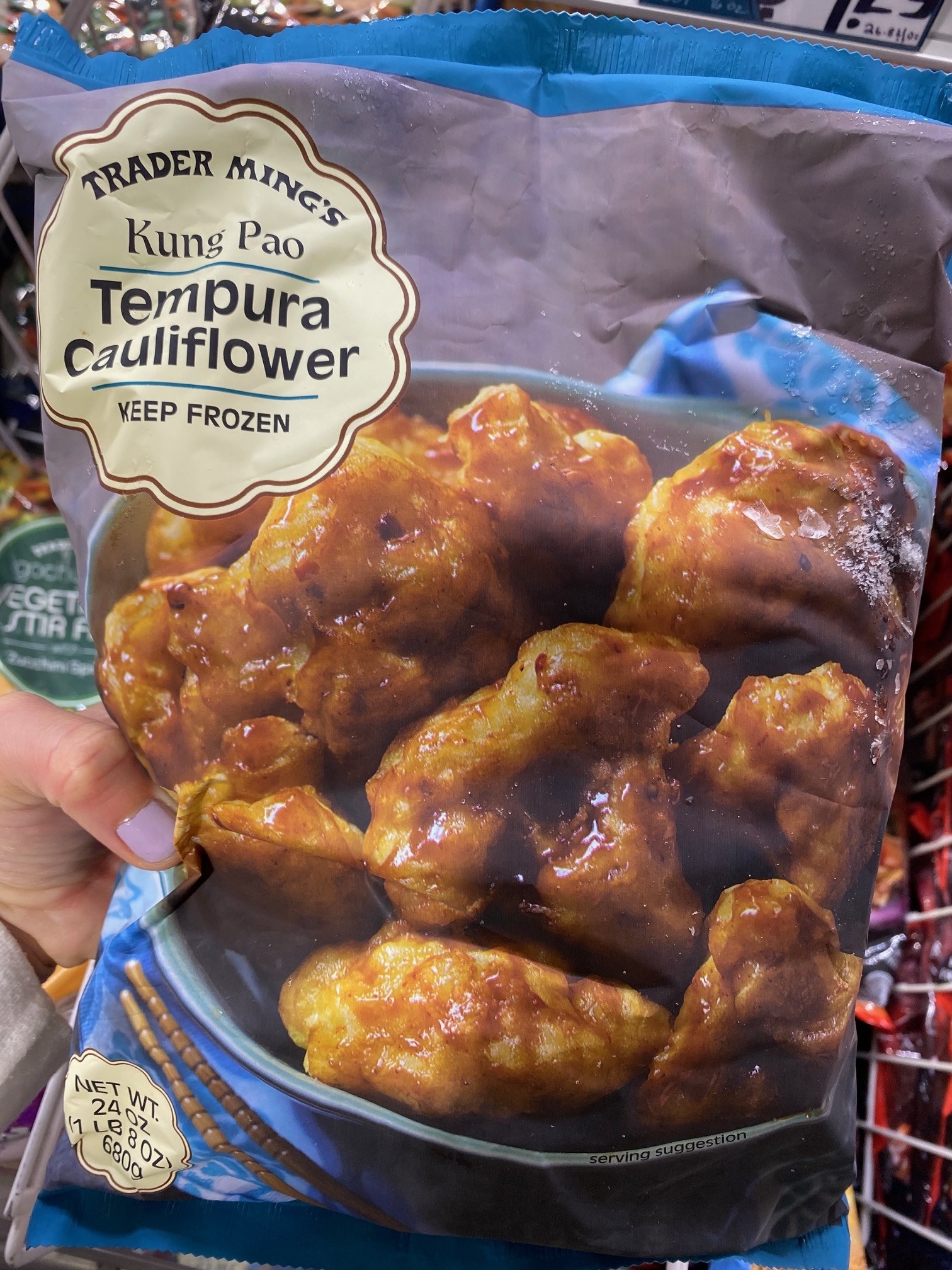 A bag of frozen kung pao tempura cauliflower from Trader Joe&#x27;s.