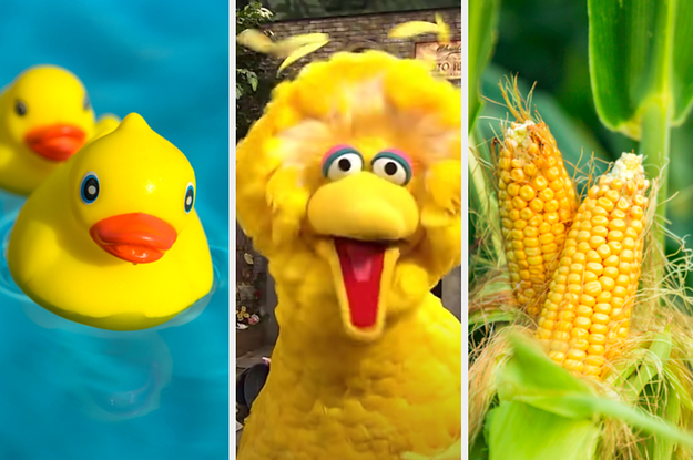 Side-by-side images of rubber ducks, Big Bird from