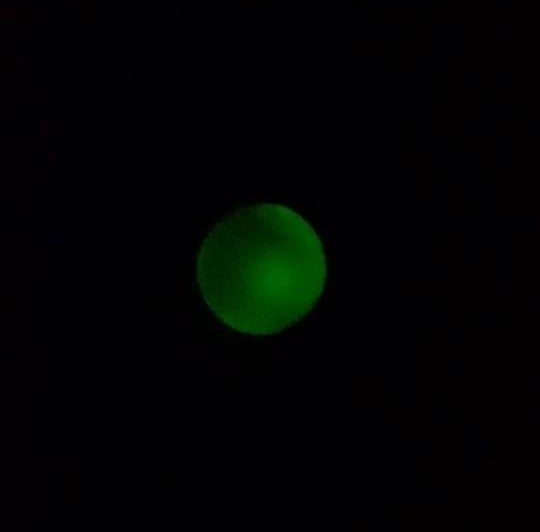 Reviewer&#x27;s picture of the ball glowing green in the dark 