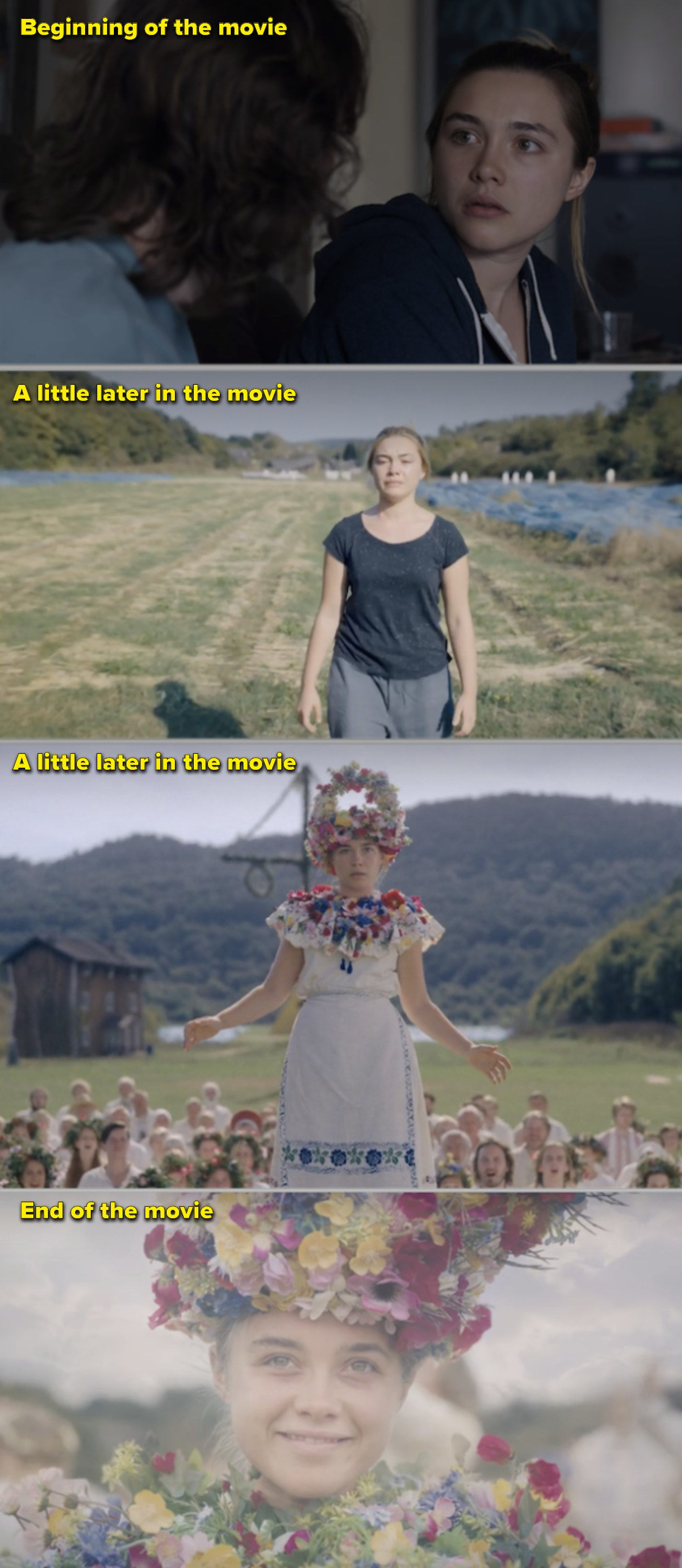 Dani's clothes going from grey to super-colorful throughout "Midsommar"