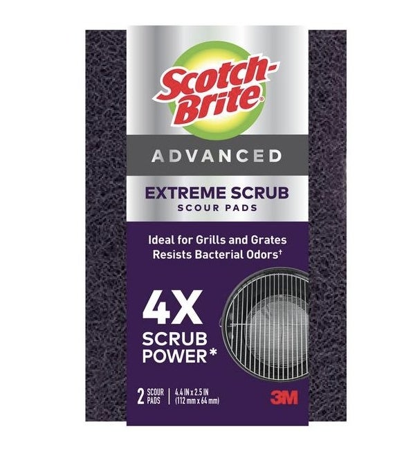 The 2-pack of Scotch-Brite advanced, extreme scrub, scour pads that are ideal for grills and grates and resist bacterial odors with 4 times as much scrub power as other scouring pads