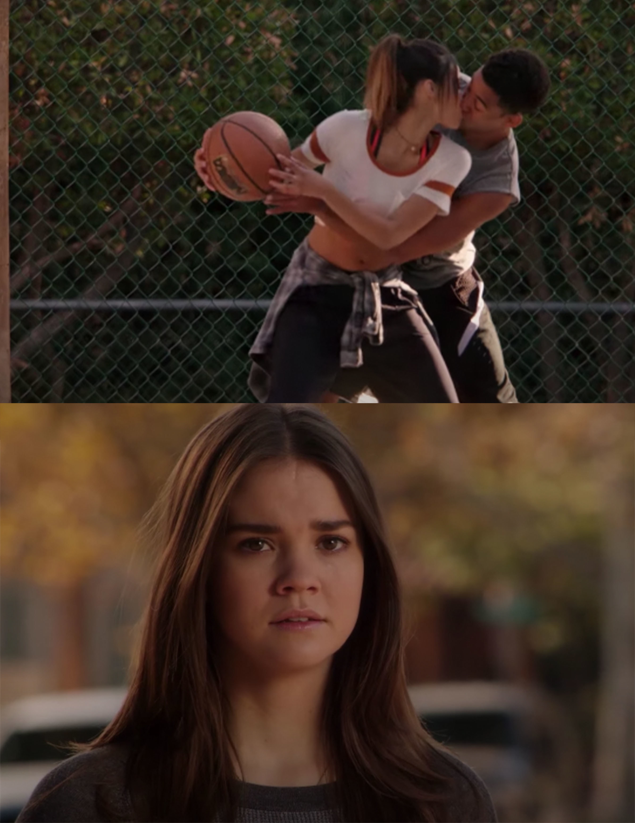 Callie watches from a distance as AJ and girl kiss on basketball court