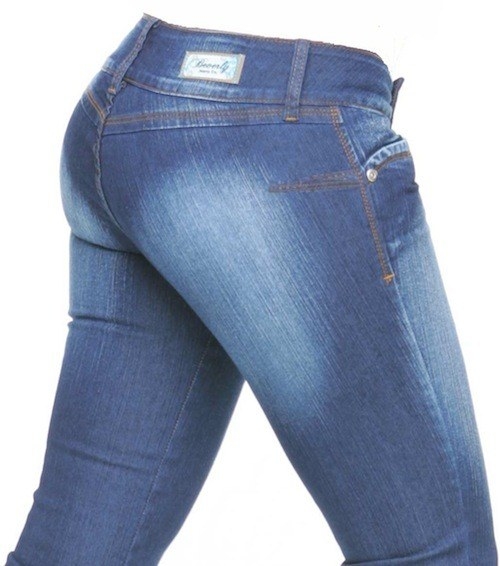 A pair of low-rise jeans with no back pockets on it