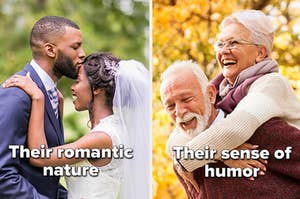 Married couple kissing with the words "Their romantic nature" and older couple laughing with the words "their sense of humor"