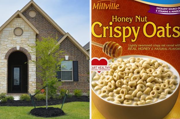 A ranch home is on the left with a box of Honey Nut Crispy Oats on the right