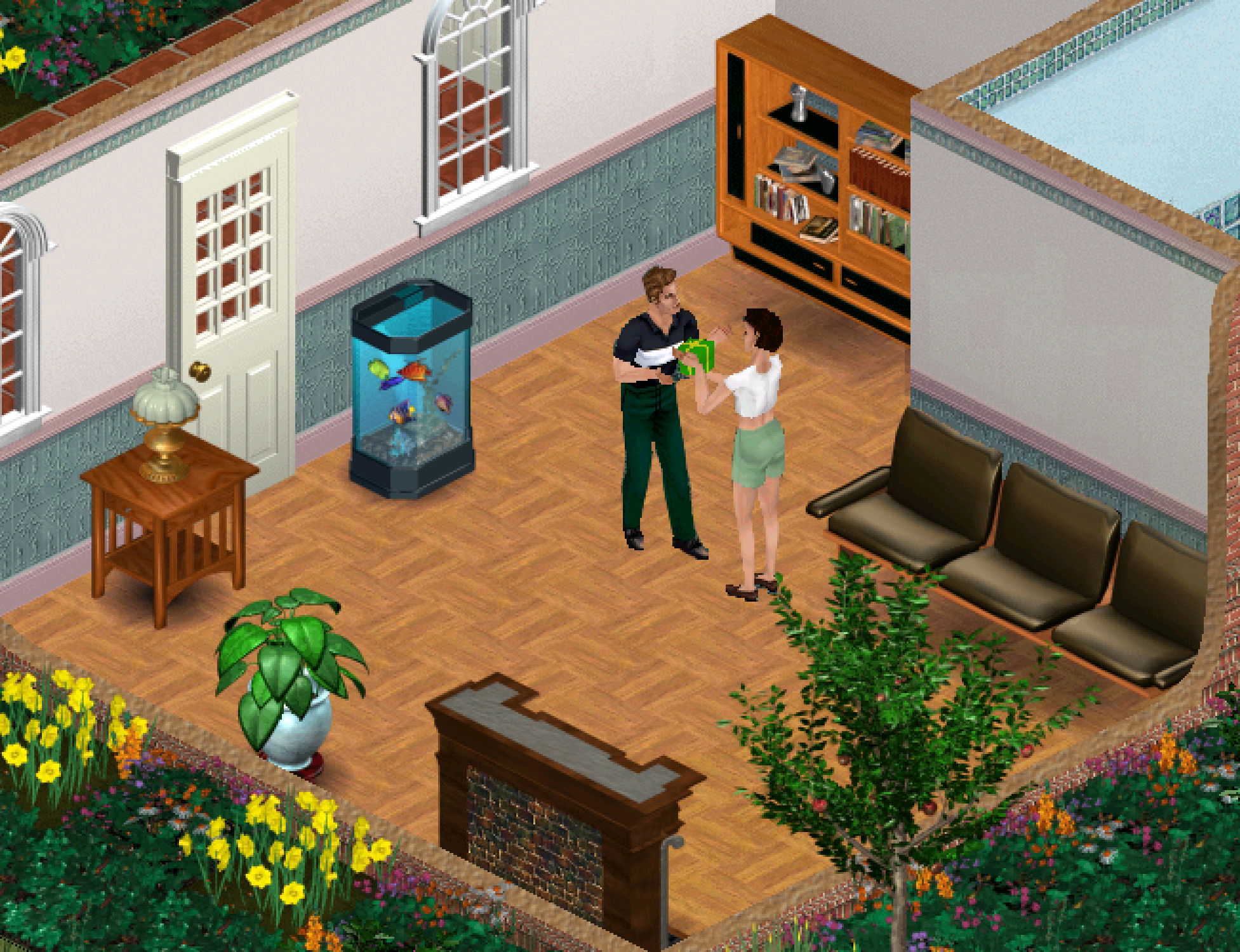 A screenshot of a a female Sim giving a male Sim a present 